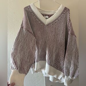 aerie Cream & Wine Striped V-Neck Sweater